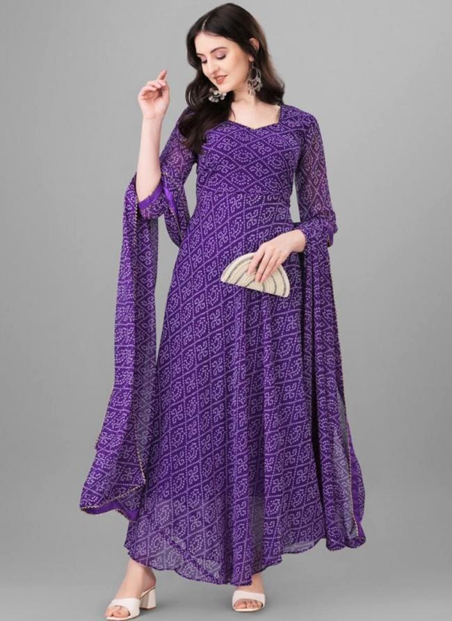 Georgette Purple Festival Wear Printed Readymade Gown With Dupatta